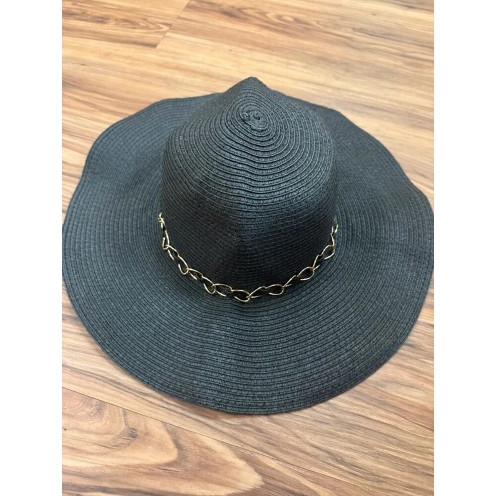 Black wide brim beach hat with gold chain detail